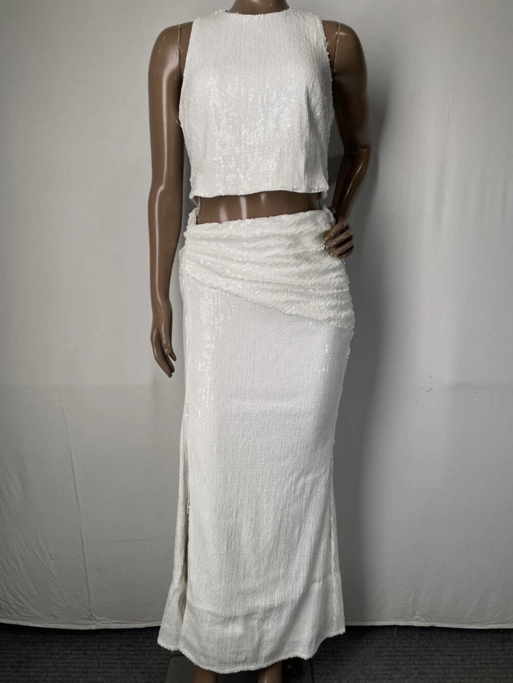 Hutch Womens Midi Skirt Set Ivory/White Size XS Stretch Sequin Two Piece Zip Up
